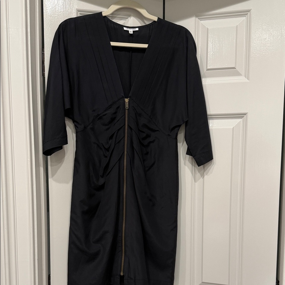 Black V-Neck Ruched Front Dress with Zip